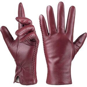 Women's Genuine Sheepskin Leather Gloves Winter Warm  Driving Dress Gloves Red